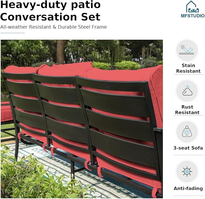 MFSTUDIO 6 Pieces Metal Patio Furniture Sets, 2 Swivel Chairs, 3-Seat Loveseat Sofa, 2 Patio Chairs & 1 Marbling Coffee Table, All Weather 7 Seats Outdoor Conversation Set for Garden, Burgundy Red