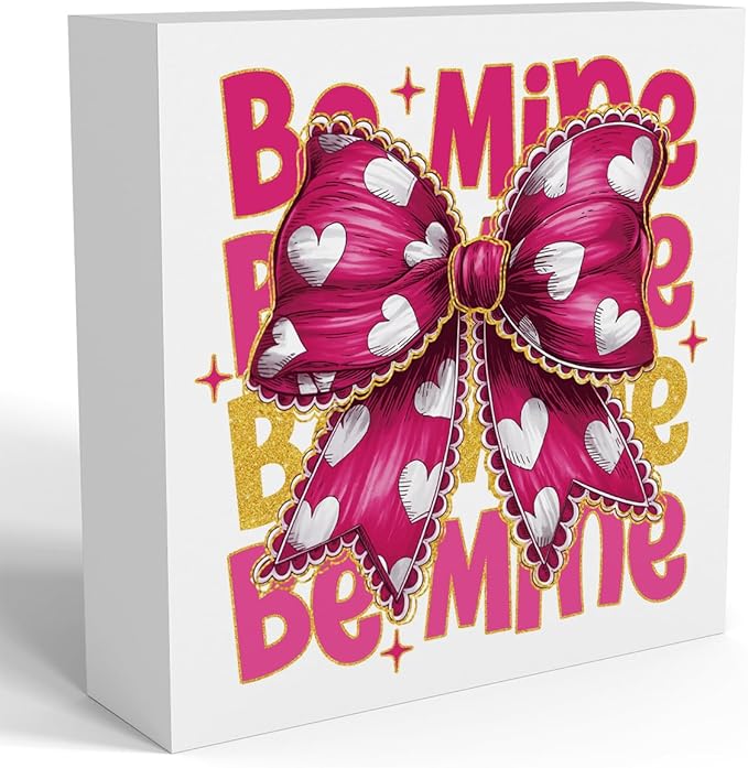 Valentines Day Decorations, Valentines Day Gifts for Her Him, Gift for Boyfriend Girlfriend, Pink Glitter Heart Bow Anniversary Wooden Box Sign Husband Wife Home Office Bedroom Desk Decor