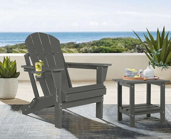 Folding Adirondack Chairs Set of 2 - Plastic Adirondack Chairs with Cup Holder, Weather Resistant for Outdoor, Patio, Lawn, Garden, Backyard Deck, Fire Pit - Dark Gray