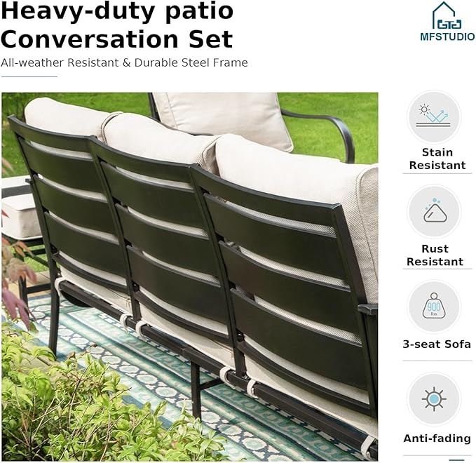 MFSTUDIO 6 Pieces Metal Patio Furniture Sets, 2 Swivel Chairs, 3-Seat Loveseat Sofa, 2 Patio Chairs & 1 Marbling Coffee Table, All Weather 7 Seats Outdoor Conversation Set for Garden Backyard, Beige
