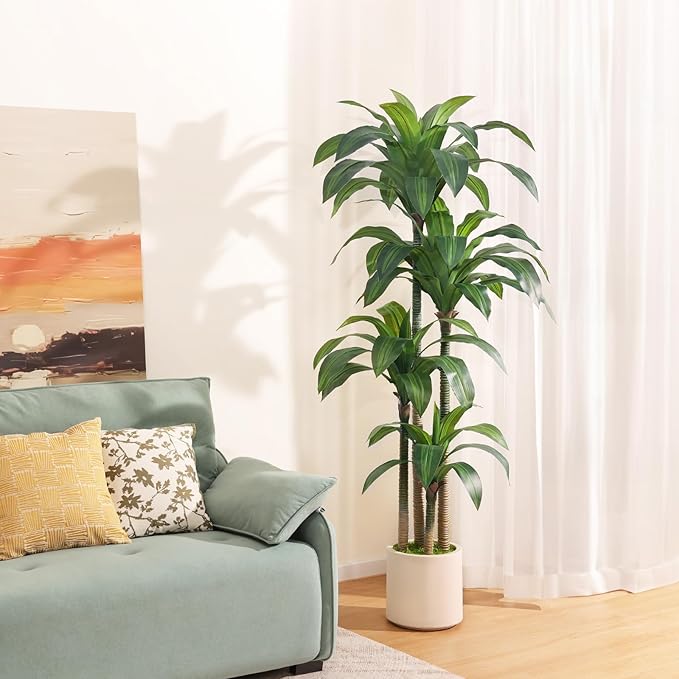 OAKRED Artificial Dracaena Tree 6ft, Tall Fake Dracaena Plants with White Planter, Faux Dragon Tree Indoor Floor Plant for Home Decor Office Living Room Porch Housewarming, 1Pcs