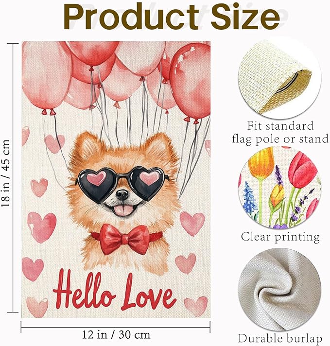 Valentine's Day Pomeranian Hello Love Garden Flag, House Yard Plaid Love Heart Outside Decoration, Spring Holiday Wedding Anniversary Outdoor Small Decor 12x18(12633)
