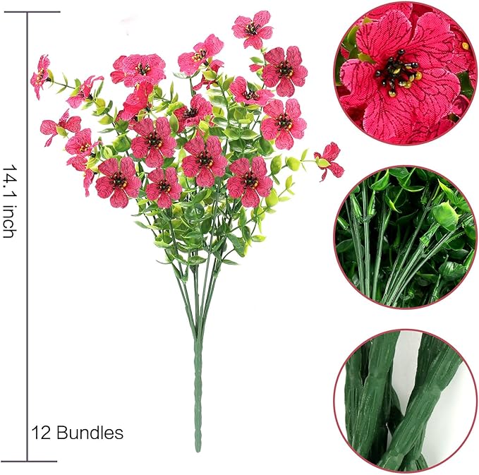 Artificial Flowers for Outdoors UV Resistant, 12 Bundles Fake Silk Flowers Outside Fade Resistant Faux Plants for Outdoor Planters, Window Box, Front Porch-Fuchsia