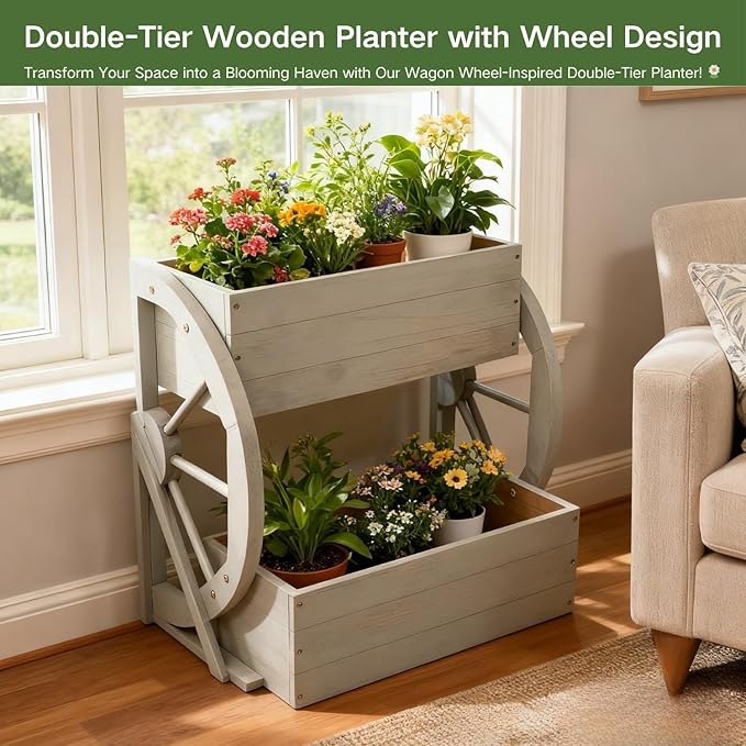 Wooden Wagon Planter Box,2-Tier Flower Pot with Wheels for Indoor & Outdoor,Rustic Garden Decor for Patio/Garden/Balcony,Gray,22.04x22.04x21.65in