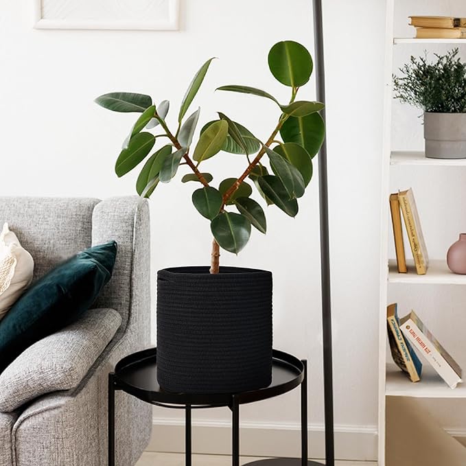 Cotton Rope Plant Basket, Woven Basket Planter for 10 inch Pot, Round Indoor Tree Pot Cover, Small Storage Bin Organizer, Modern Bins for Plants and Home Decor, 11”X11”, Black