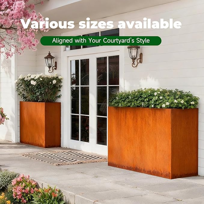 GZLVSOW Corten Steel Outdoor Planter Box 32" x 15" x 24" for Outdoor Plants Metal Rectangle Planter Spliced Flower Box with Partitions for Outside,Indoor,Garden (Corten, 32 * 15 * 24)