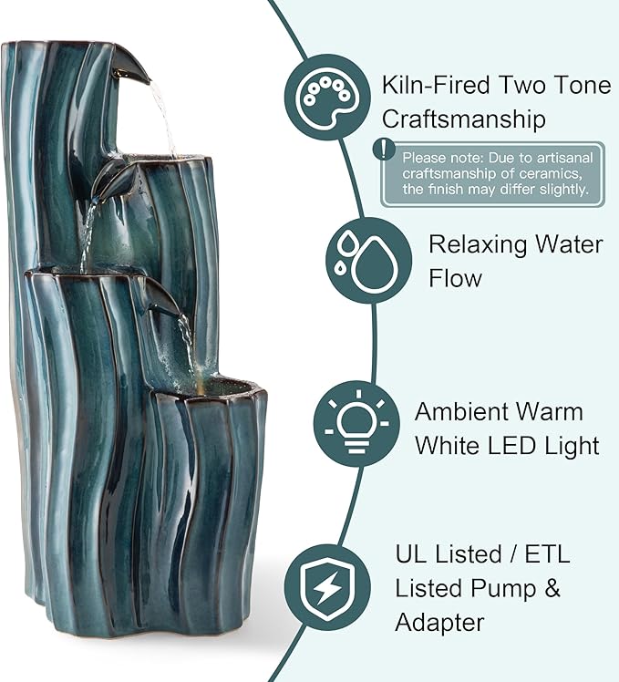 Glitzhome 30" Tall Outdoor Water Fountain with LED Light, Pump & Adapter, 4-Tier Turquoise Wavy Texture Ceramic Cascading Garden Fountains Waterfalls for Porch Deck Patio Backyard