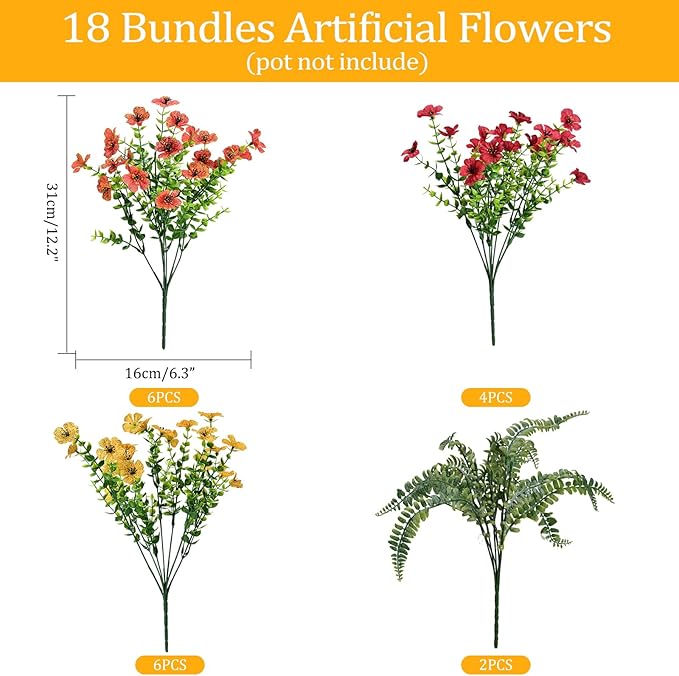 Pinenoya Artificial Faux Plants Flowers Outdoor Decoration,18 Bundles Fake Silk Colorful Daisy Eucalyptus Realistic UV Resistant for Outside Home Planter Porch Patio Yard Decor (Yellow Red)