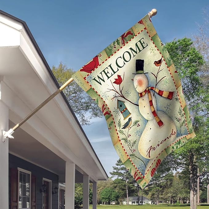 Morigins Welcome Friends Snowman and Cardinals Decorative Happy Winter House Flag 28x40 inch