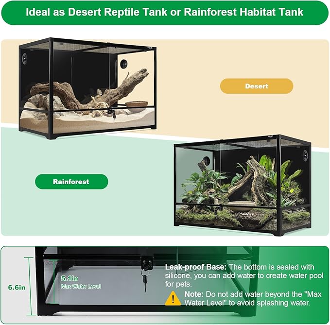 67 Gallon Reptile Tank Large Full Glass Terrarium, Bearded Dragon Tank Front Opening Reptile Enclosure Cage with Anti Escape Ventilated Top Lid for Snake Gecko Lizard Turtle 36''x18''x24''