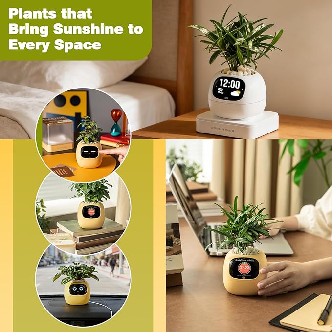 Plantsio AI Smart Pot for Plants with App Control, Self-Watering, Visual Display & 80ml Reservoir, Digital Plant Pot Supports 100+ Plants, Pomodoro Timer, Clock & Calendar,Desk & Office Planter-Yellow