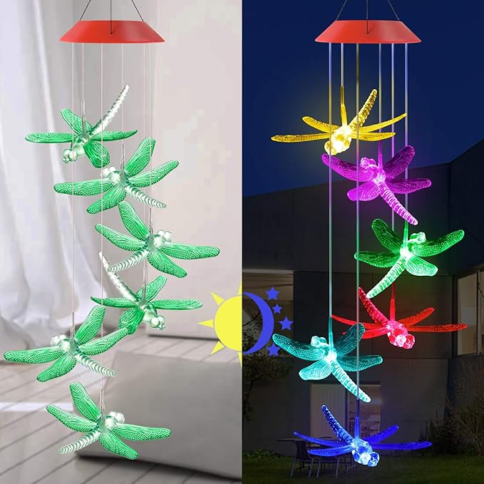 Solawindchime Dragonfly Wind Chimes Gifts for Women, Color Changing Solar Wind Chime Outdoor Decor, Waterproof Solar Lights, Romantic Dragonfly Wind Bells, Solar Powered Wind Chime Garden Decoration