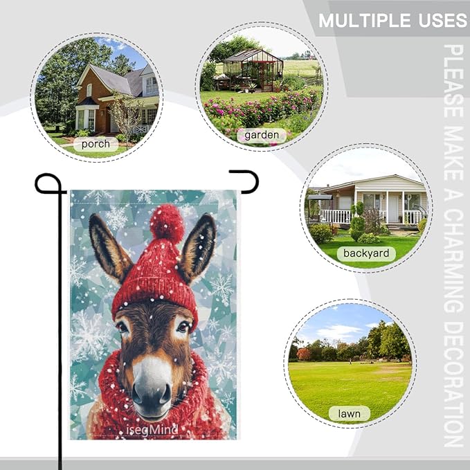 Donkey with Red Scarf and Hat Snowflake Christmas Garden Flag, 28x40 Inch Double Sided Linen Holiday Red Winter Farmhouse Yard Outdoor Decoration (4339)
