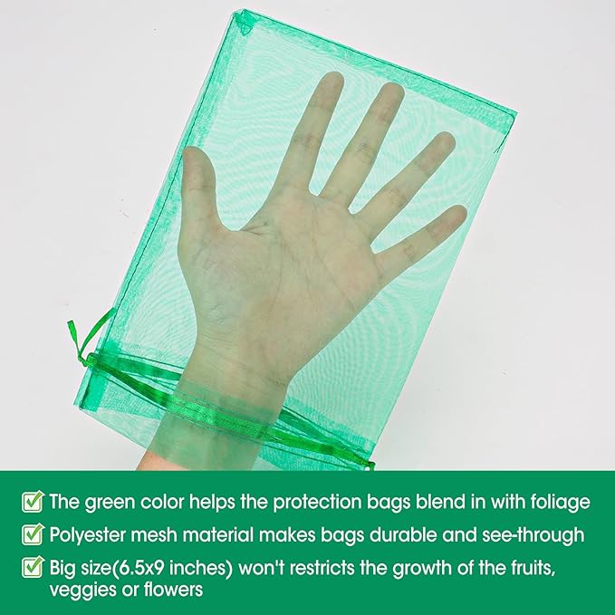 250 Pcs Fruit Protection Bags, 6.5×9 Inches Fruit Bags for Fruit Trees, Green Fruit Netting Bags Cover Bags Drawstring Mesh Fruit Protectors Pest Barrier for Tomato Mango Trees Veggies Garden