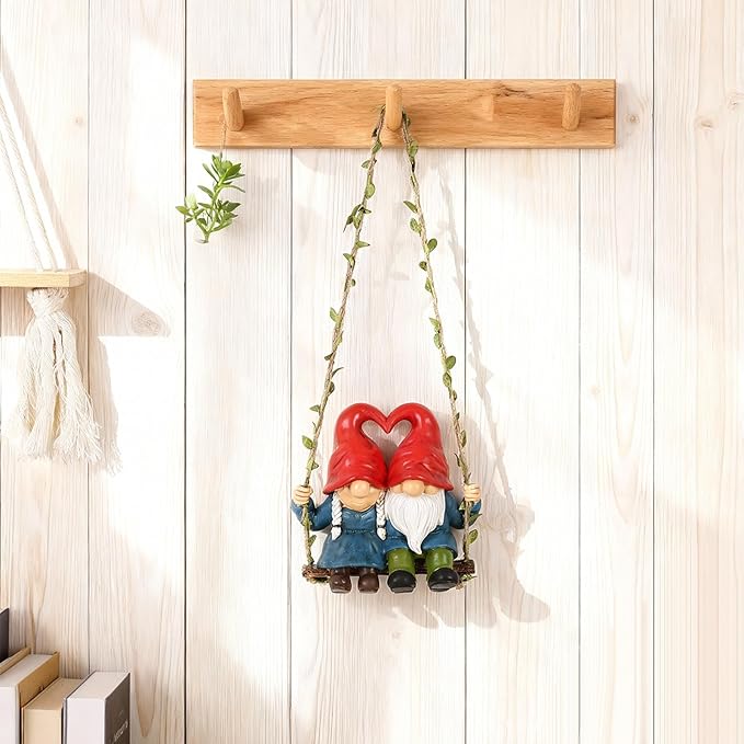 Valentine Gnome Couple on Swing, Cute Wedding Gnomes Figurines for Home & Garden Décor, Romantic Gnomes for Yard, Outdoor Gnome Statues for Porch, Patio, Tree Decorations