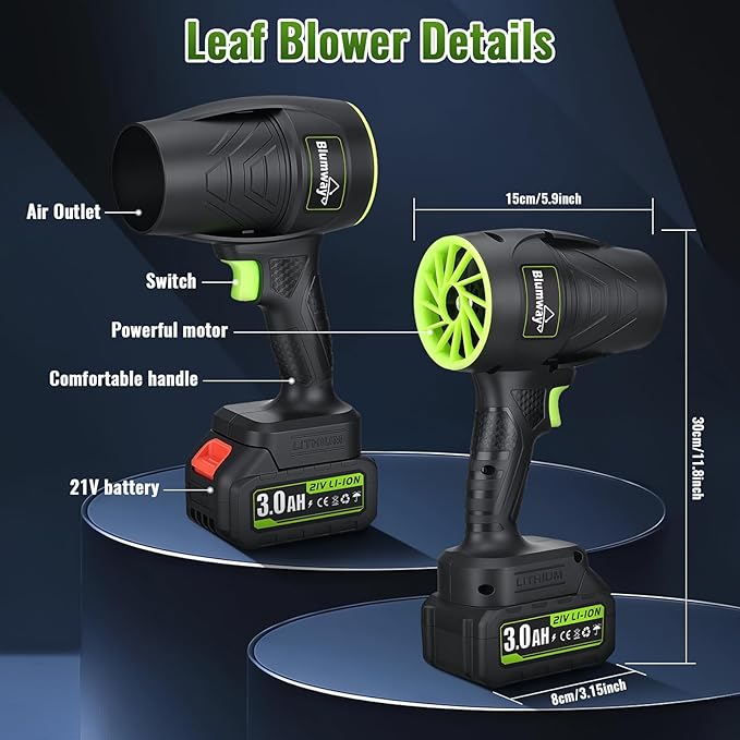 Blumway Leaf Blower Cordless with Battery, Handheld Leaf Blower, Electric Cordless Leaf Blowers with 2 Pcs 3.0Ah Batteries and Charger for Lawn Care, Patio, Leaves, Dust, Car
