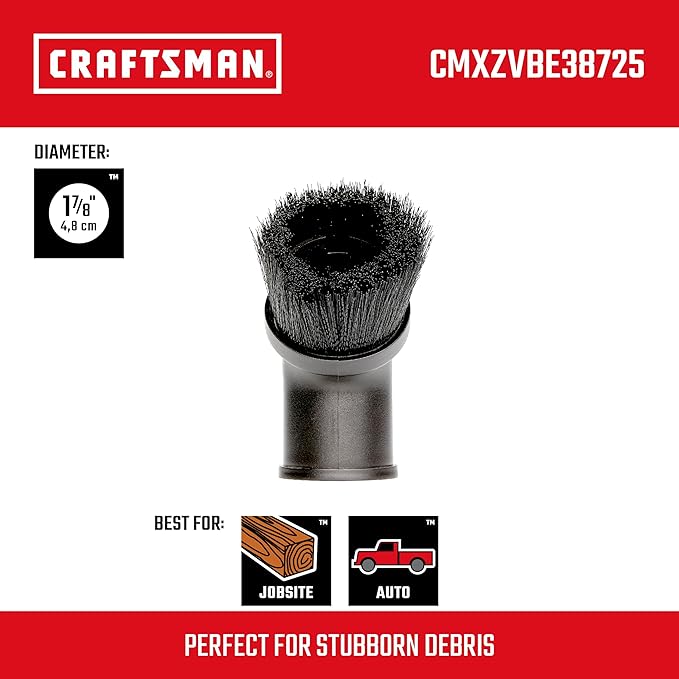 CRAFTSMAN CMXZVBE38725 1-7/8 in. Dusting Brush Wet Dry Vac Attachment, Industrial-Grade Shop Vacuum Accessory for Cleaning Stubborn Debris, Fits 1-7/8 in. Hose Diameter
