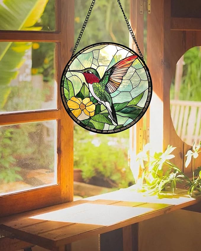 AMDERVEN Stained Glass Window Hanging, Green Hummingbird Sun Catcher for Door Home Decor, Birds Suncatcher Christmas Mother's Day Birthday Gifts for Bird Lovers Women Men Mom and Nana 15 in