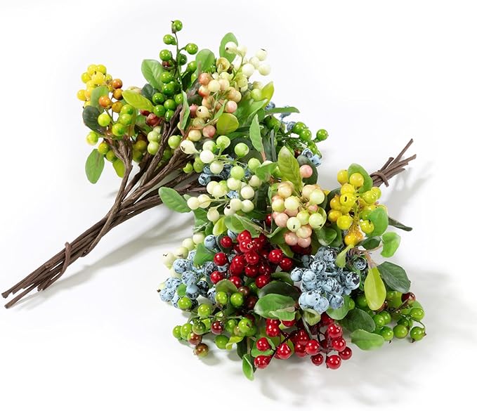 SHACOS 20 PCS Artificial Berry Stems Assorted Mixed Color, Fake Berries Branches Spray with Green Leaves 9.8 inch Small Berry Picks for Floral Crafts Centerpiece Bouquet Filler Home Wedding Decor