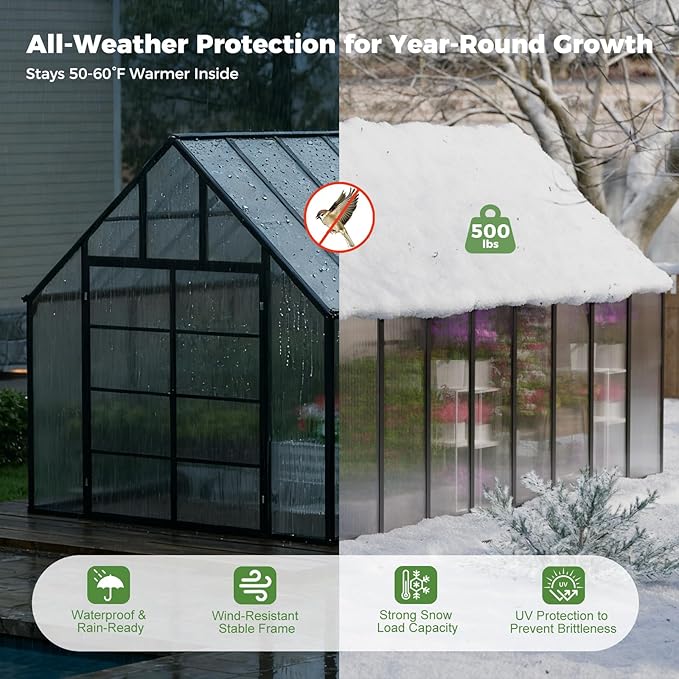 16x10x10 FT Greenhouse for Outdoors, Large Thicker Aluminum Polycarbonate, 3 Vent Windows, Swing Door & Quick T Connector, Walk-in, for Outside, Backyard, Garden
