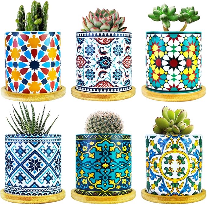 Ascrafter 6 Pack Mandala Succulent Plant Pot with Bamboo Trays, Ceramic Multicolored Succulent Container Planter Pot for Small Plant