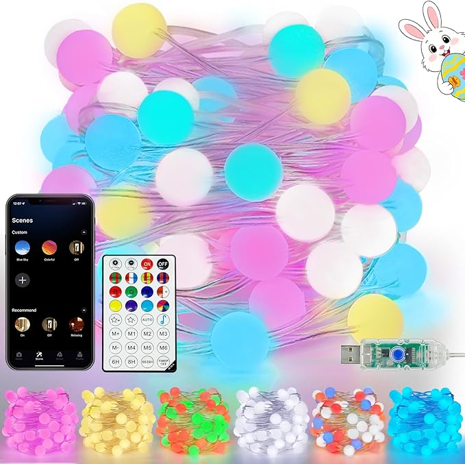 Smart Color Changing Easter Lights Outdoor Indoor, 33FT 66LED App Control RGB Globe Pastel String Light with Remote & Timer, Music Sync Twinkle Fairy Light for Girl's Bedroom Easter Decorations
