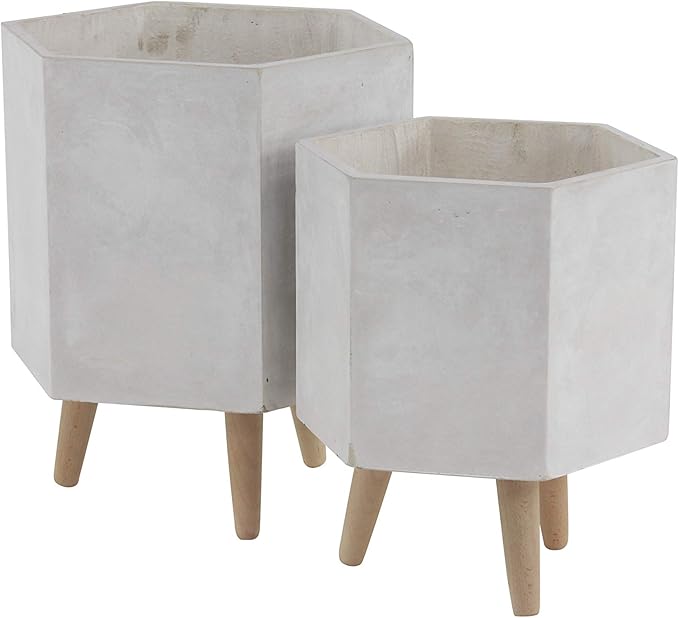CosmoLiving by Cosmopolitan Magnesium Oxide Geometric Indoor Outdoor Planter Hexagon Large Planter Pot with Brown Wooden Legs, Set of 2 Planters 15", 17"H, White