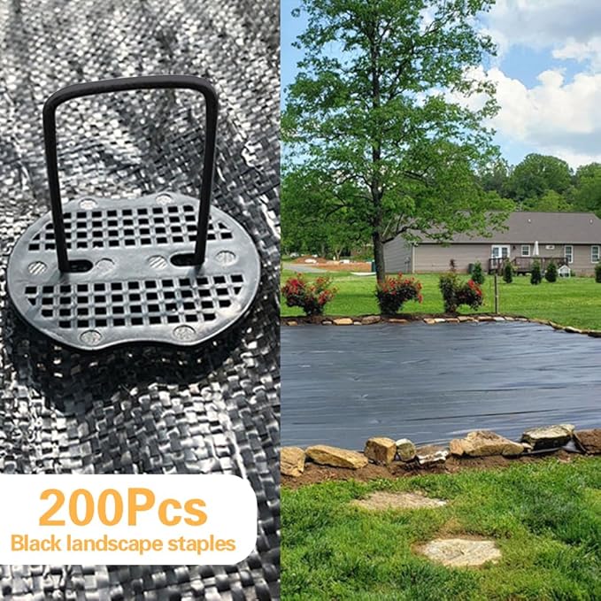 Bakulyor 200pcs Black Landscape Staples + 200pcs Buffer Washer, 6 Inch 11 Gauge Garden Stakes Staples, U Shaped Galvanized Lawn Pins Heavy Duty Yard Ground Pin for Weed Barrier Sod Fabric Decorations