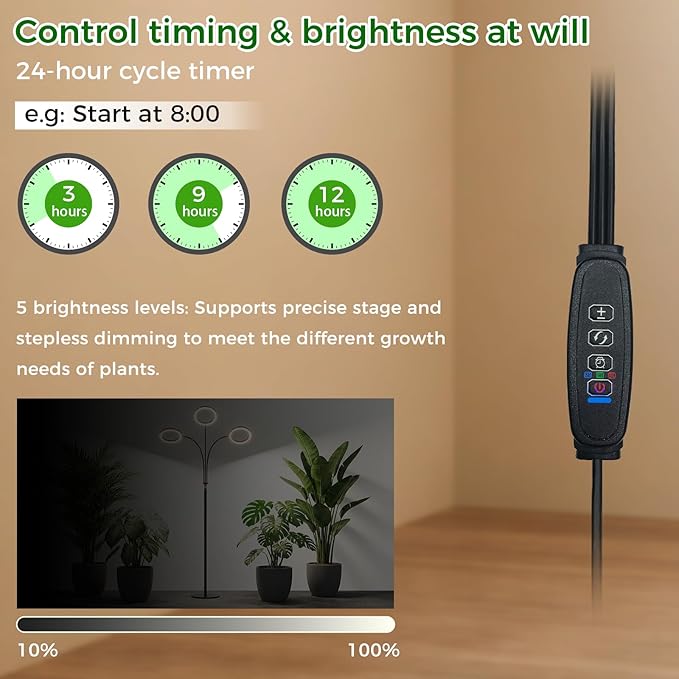 boostool Grow Lights for Indoor Plants, Three Heads 48W 216 Led Full Spectrum Plant Light, 5.5FT Adjustable Height Standing Grow Light 3/9/12H Timer, 10 Dimmable Levels & 3 Lighting Modes