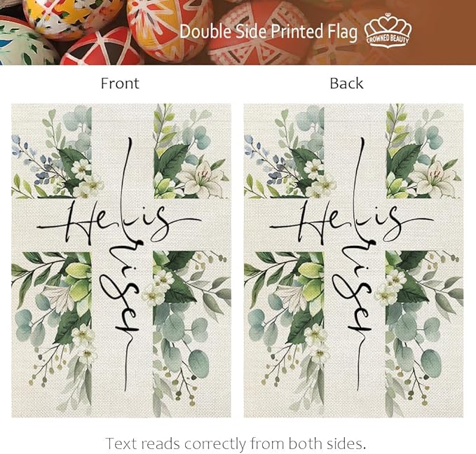 CROWNED BEAUTY Easter Garden Flag He is Risen 12x18 Inch Double Sided Floral Cross Holiday Decoration for Outdoor Lawn Yard