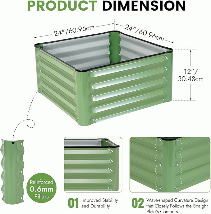 INNO STAGE Galvanized Raised Garden Bed Kits, 2x2x1ft Metal Raised Garden Beds Outdoor, Steel Raised Planter Bed with Gloves for Vegetables & Flowers Patio Ground Planter Box (Olive Green, 2PCS)