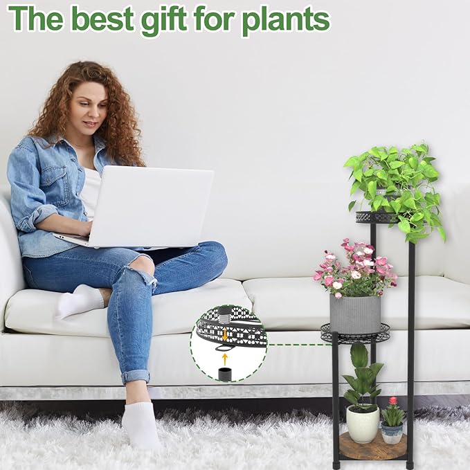 Atpddpey Plant Stand Indoor Outdoor,3 Tier Metal Wood Plant Stand for Multiple Plants,Black Tall Narrow Plants Display Organizer for Corner Living Room Porch Patio Garden Office
