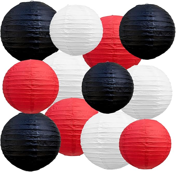 BEISHIDA Red Black White Round Paper Lanterns Decorative Hanging Asia Chinese Japanese Paper Lanterns Lamp for Birthday Graduation Baby Shower Wedding Home Decor Outdoor Party Decoration(12Packs)