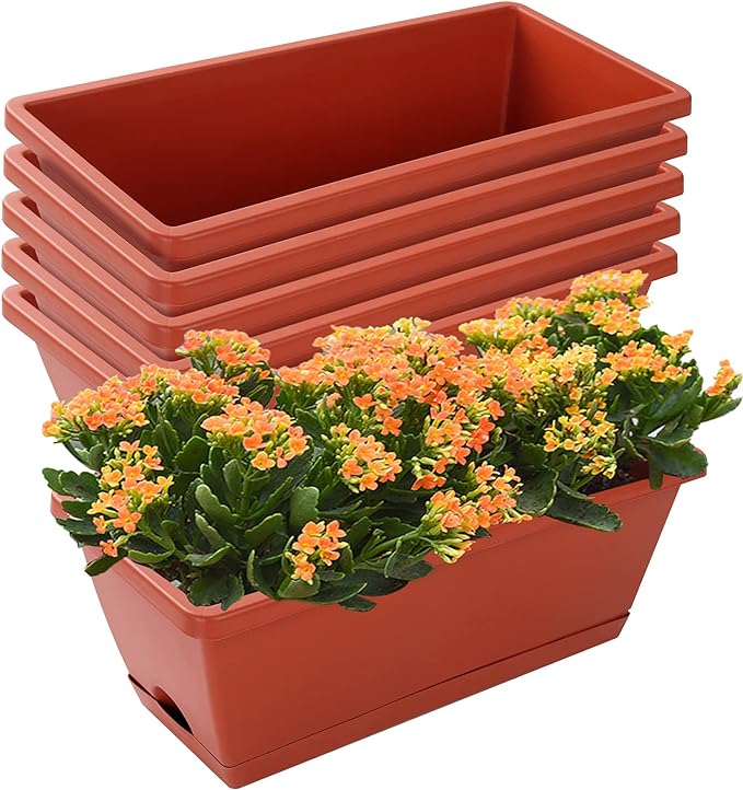 CHUKEMAOYI Window Box Planter, 7 Pack Plastic Vegetable Flower Planters Boxes 17 Inches Rectangular Flower Pots with Saucers for Indoor Outdoor Garden, Patio, Home Decor (Red)