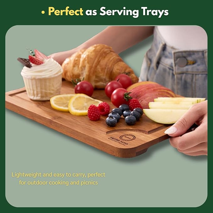 Define Aura Organic Bamboo Cutting Board Set of 3 – Wooden Kitchen Boards for Chopping, Meal Prep & Serving – Durable Charcuterie & Cheese Boards with Deep Juice Grooves and Side Handles
