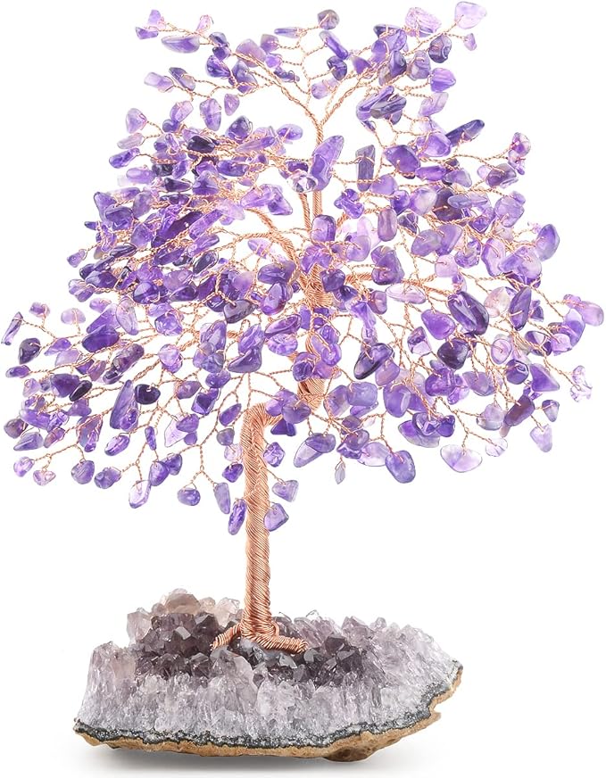 MASGEMES Natural Gemstone(406 Stone Count) Amethyst Crystal Tree of Life,Chakra Balancing Positive Enegy Fengshui Decor Bonsai Money Tree,Good Luck Spiritual Gift Height 8.5-9 Inches