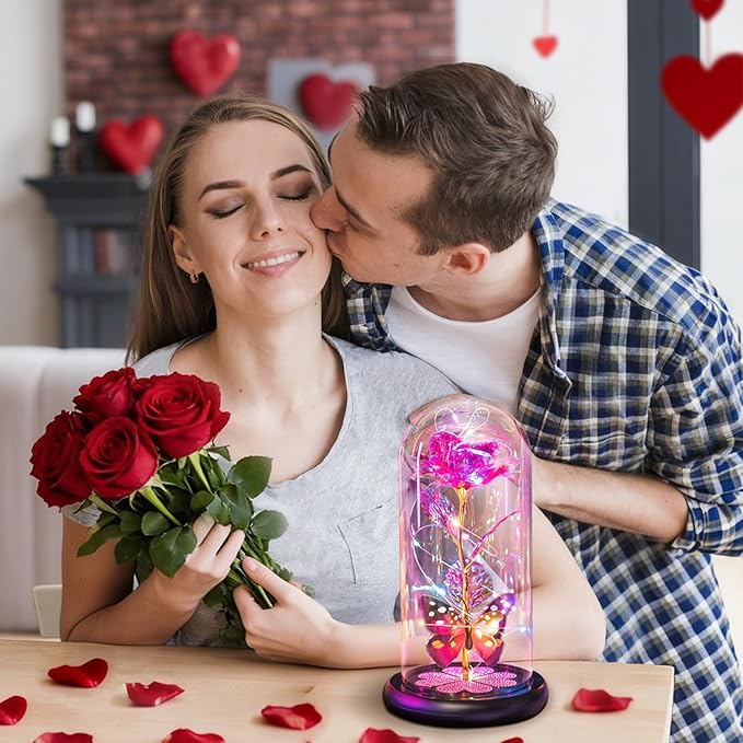 Valentines Day Rose Gifts for Her Women Birthday Gift Galaxy Glass Rose in Glass Dome Forever Eternal Crystal Flowers with Butterfly Valentines Day Gifts for Women Daughter Mom Wife Girlfriend Pink