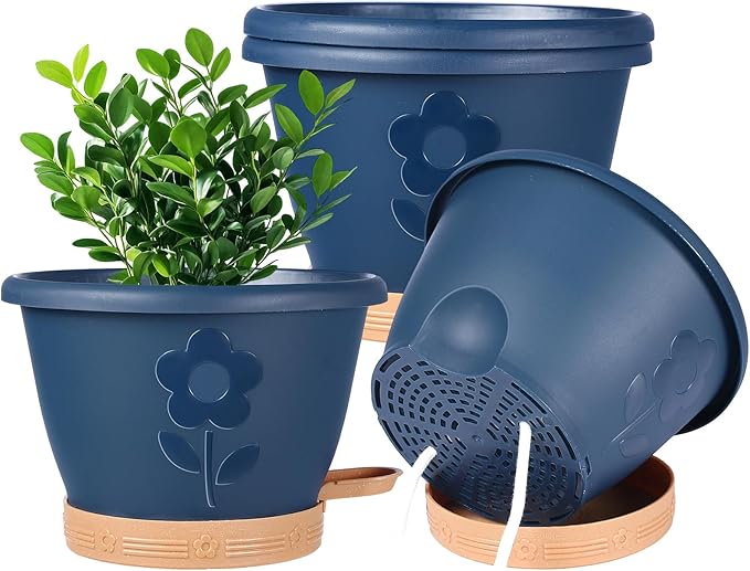 XMPBFYH Plant Pots, Flower Pots for Indoor/Outdoor Plants, Self Watering Plastic Planters Pots with Drainage Holes, Saucer & Reservoir, Decorative Nursery Planting Pots(10 Inch Set of 4)