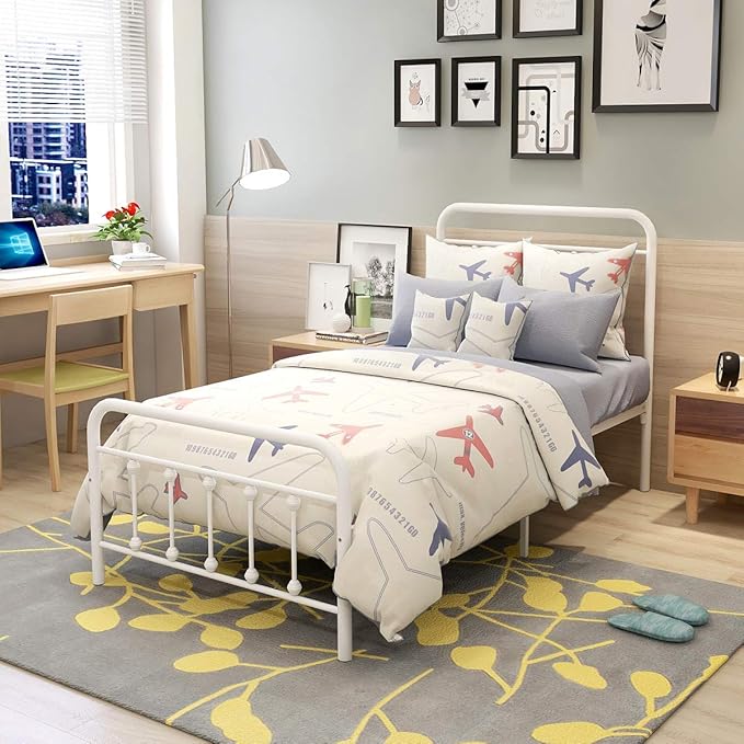 DUMEE Metal Twin Size Bed Frame Platform with Vintage Headboard and Footboard Sturdy Premium Steel Slat Support No Box Spring Needed, Textured White