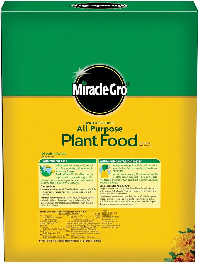 Miracle-Gro Water Soluble All Purpose Plant Food,Plant Fertilizer for Indoor or Outdoor Plants,Roses,Flowers,Houseplants,Vegetables and Trees,10 lb.,(Pack of 4)