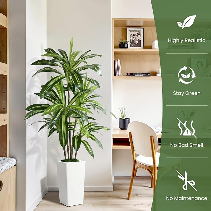 Alupssuc Artificial Dracaena Fake Tree 5FT, White High Pot Artificial Plants Indoor&Outdoor, Fake Plants for Office/Home/Living Room Potted Decoration, 5ft