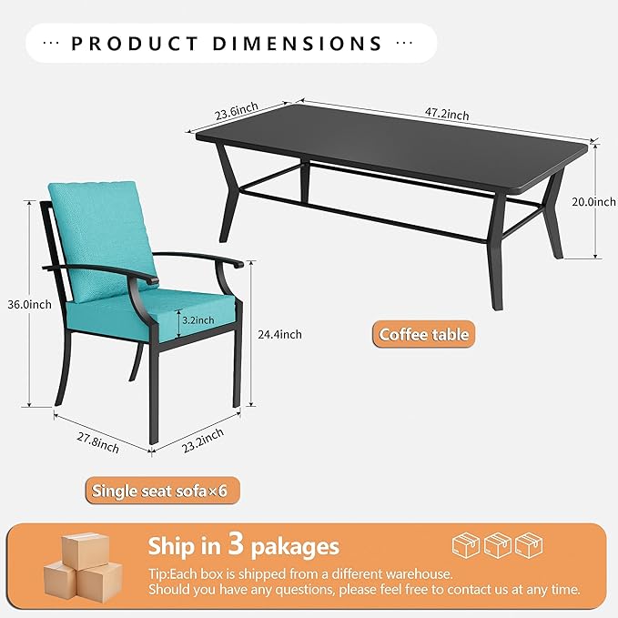 7-Piece Patio Furniture Set, Outdoor Furniture with All-Iron Rectangular Coffee Table and 6 Chairs with Thick Cushions, Metal Patio Table and Chairs Set for lawns, Patios and Backyards,Blue
