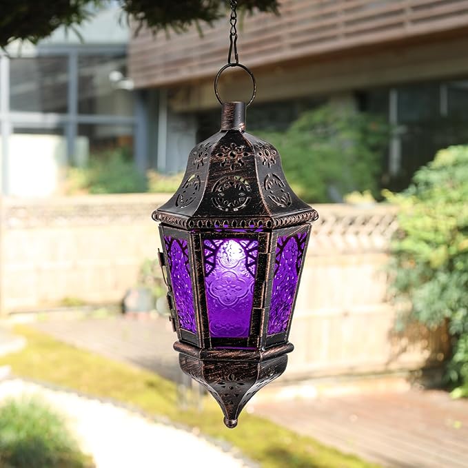DECORKEY Moroccan Decorations Indoor, 13.6’’ Lantern Decorative Outdoor, Halloween Style Hanging Lantern with Chian for Home Porch Patio Decor, Vintage Metal Christmas Ramadan Candle Holders(Purple)