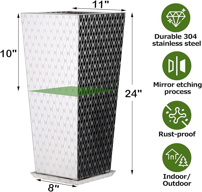 CYC Luxury Stainless Steel Sliver Taper Tall Planter Box Set of 2 with Mirror Etching No Coating 24”H Top 11” Bottom 8”, Decrative Pot Indoor, Modern Décor for Home,Office,Tall Plants,Trees,Flowers