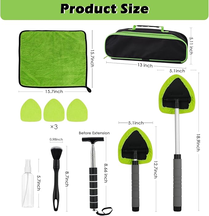 7PCS Windshield Cleaner Tool, Car Windshield Cleaner Tool+Side Mirror Squeegee +3 Microfiber Pads+100ml Spray Bottle+1 Detailing Brush,12-19inches Extendable Handle,180° Rotation