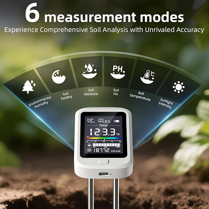 TERRU 6-in-1 Soil Moisture Meter with pH, Nutrient, Sunlight, Temperature & Humidity | Multi-Function Tester for Garden, Lawn and Indoor Plants | Factory-Permanent Calibration