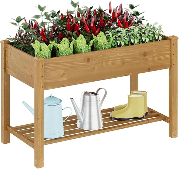 Raised Garden Bed, Planter Box with Storage Shelf, Elevated Wooden Planter Box with Legs, Garden Planter for Backyard, Patio, Balcony, Natural Wood (Brown, M)