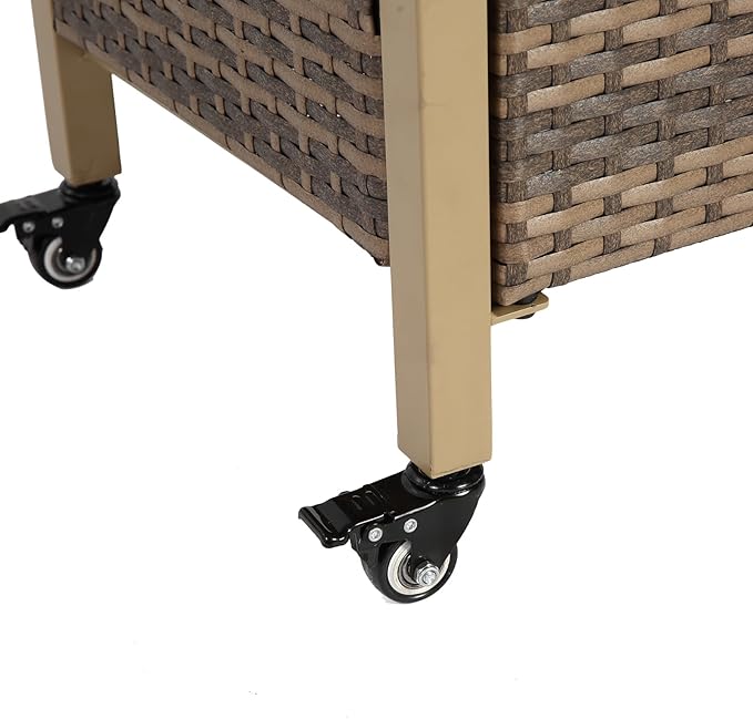 Outdoor Wicker Bar Cart, 35.43" Patio Wine Serving Cart with Plastic Wood Top, Rolling Rattan Beverage Bar Table with Wheels & Storage for Garden, Backyard & Poolside, Beige