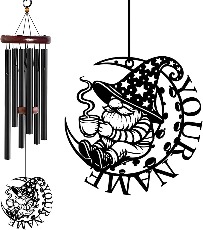 Personalized Customize Name Gnome Wind Chime, Metal Iron 37 Inch Outdoor Memorial Gift for Garden Yard Patio Home Decor, Black，Christmas (Style H)
