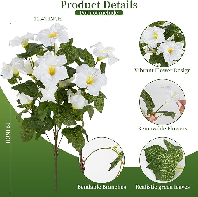 Brlita 19 Inch Artificial Fake Flowers for Outdoor,4 Pcs Faux Silk Petunias Spring Flowers for Outside for Indoor Porch Planter Front Door Garden Patio Window Box Home Decor(White)